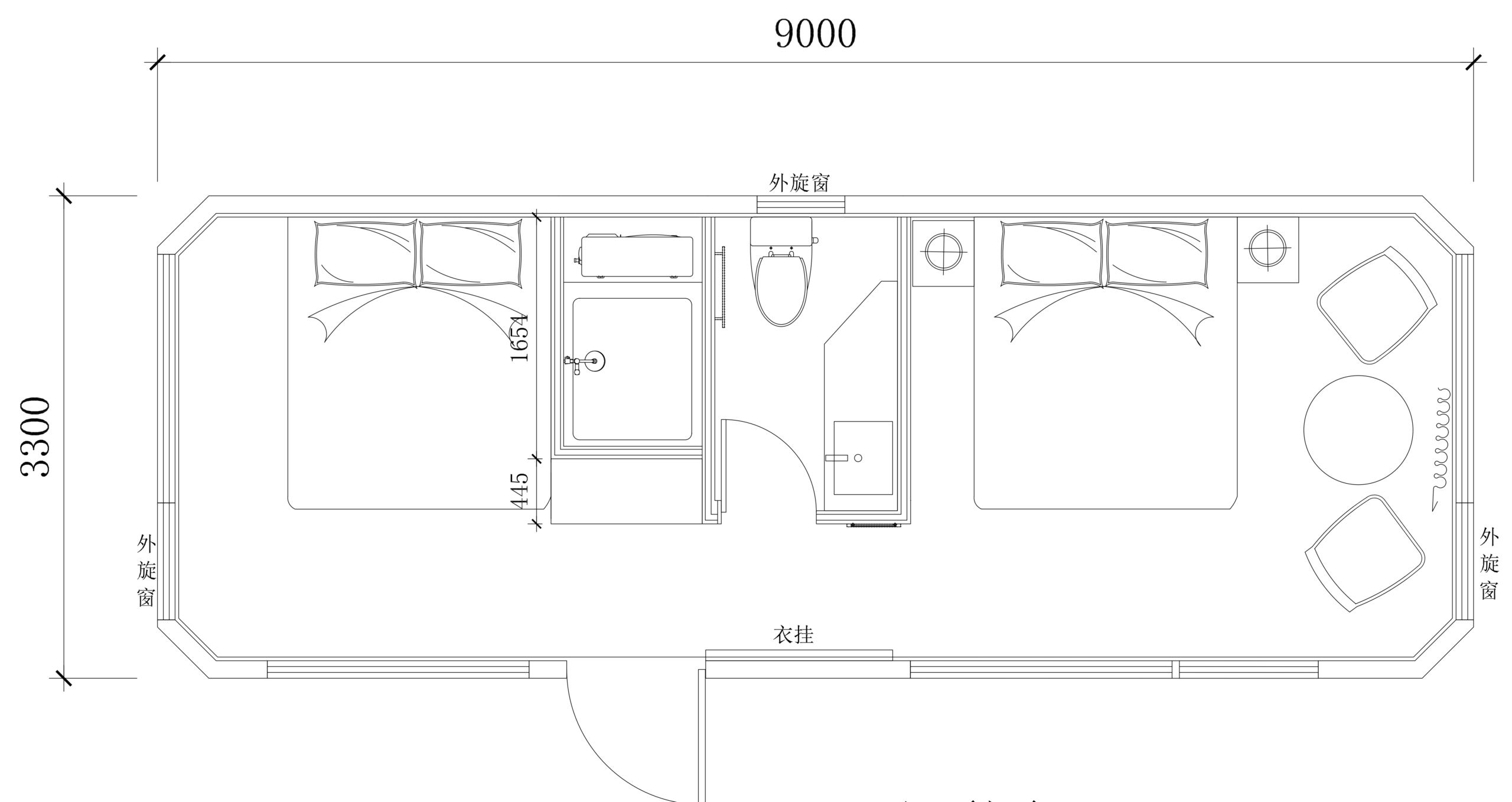 bahria homes House D8 floor plan showing two bedrooms, bathroom, and living area in a 9m × 3.3m modular home layout by bahria homes Castle