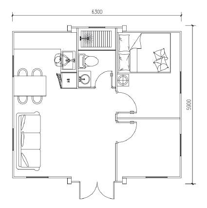 Floor plan of bahria homes Castle Expandable House E20 showing one bedroom, living room, kitchen, and bathroom layout in a compact modular home design