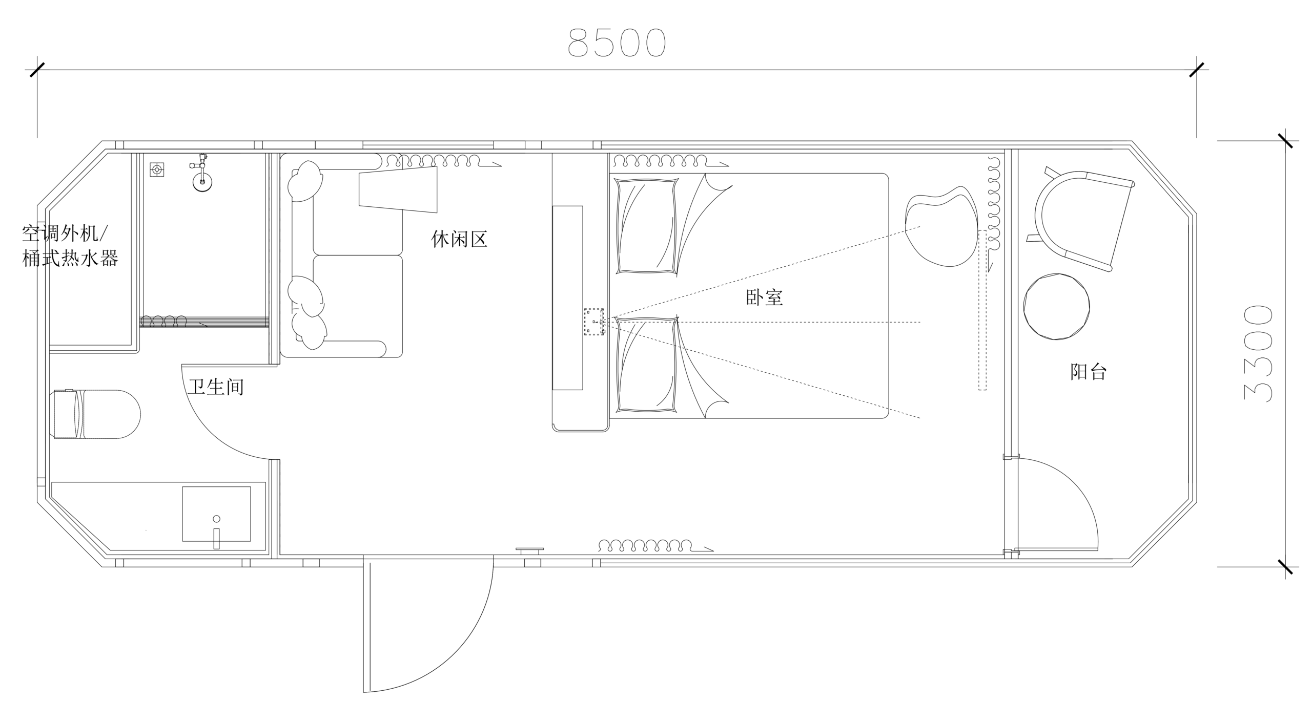 bahria homes House D5 architectural floor plan showing the layout of the bedroom, living area, bathroom, and balcony within the modern prefabricated smart pod.