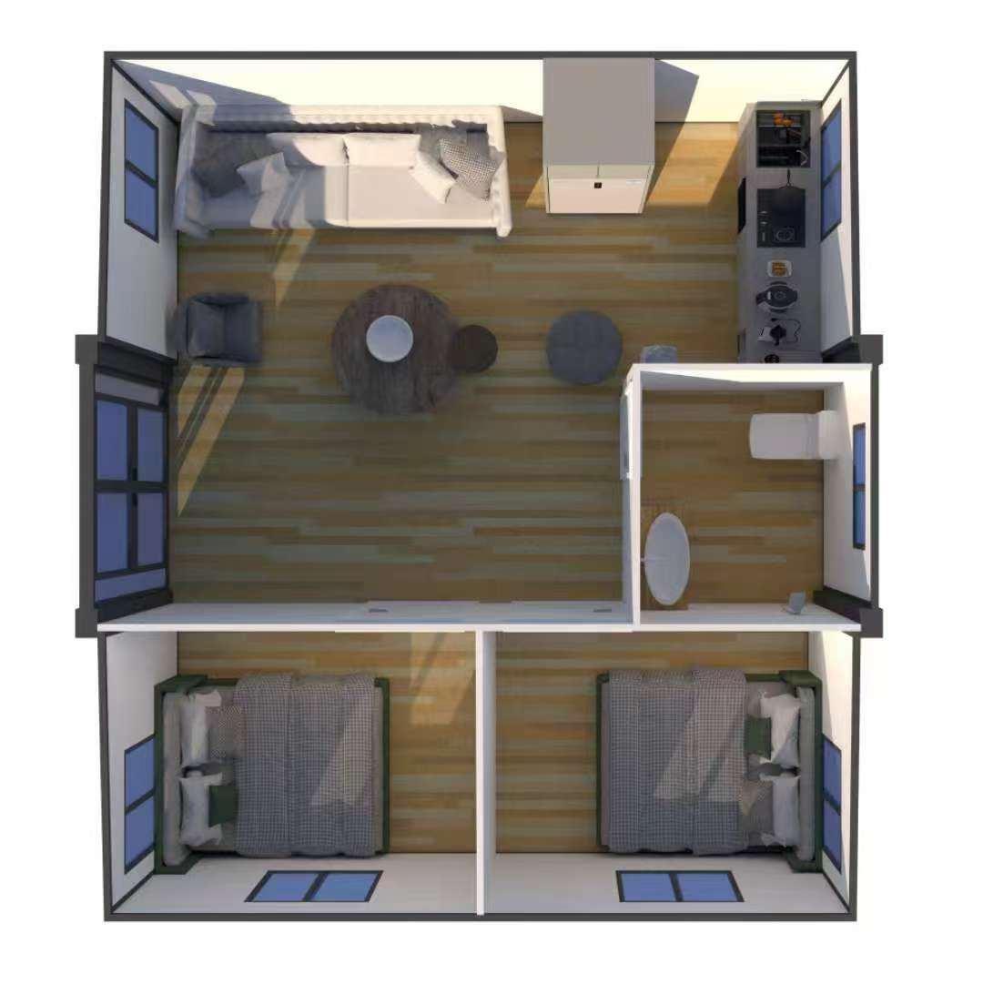 3D floor plan of bahria homes Castle Expandable House E20 showing two bedrooms, living area, kitchen, and bathroom in a compact modular home design