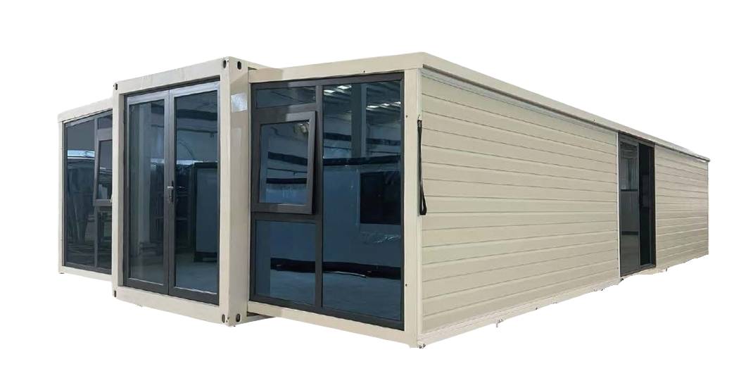 Exterior view of bahria homes Castle Expandable House E40 showing light-colored modular structure with glass doors and windows on raised steel foundation